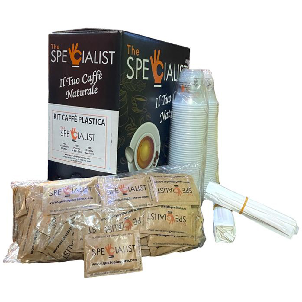 Kit Completo Materiale di Servizio in Pet+Canna The Specialist (100 Bicchieri Pet+100 Palette+100 Zucchero di Canna)